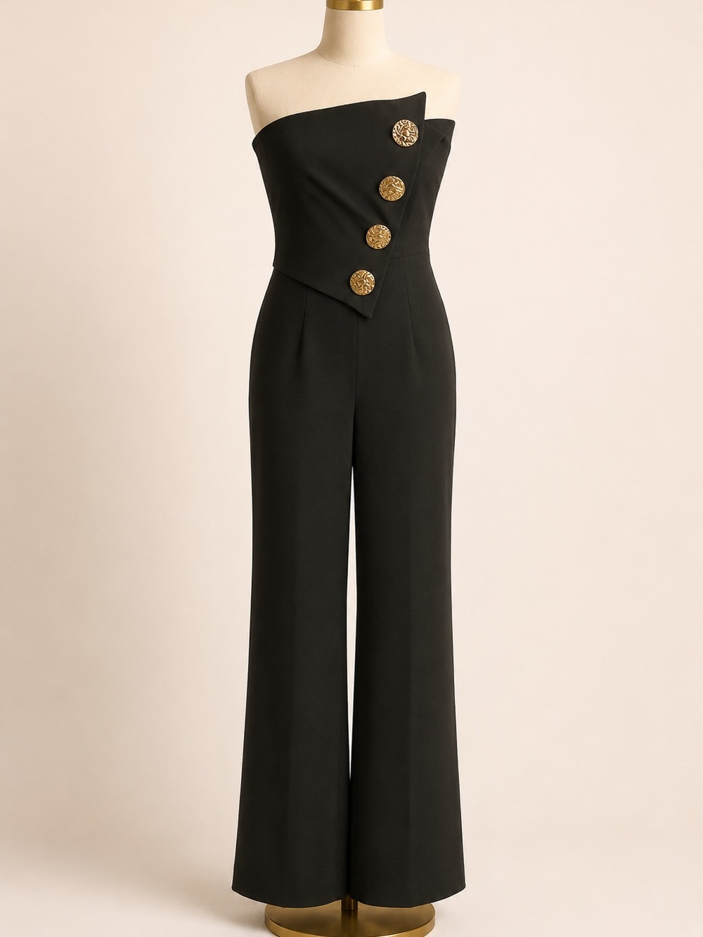 Strapless Black Jumpsuit with Gold Buttons